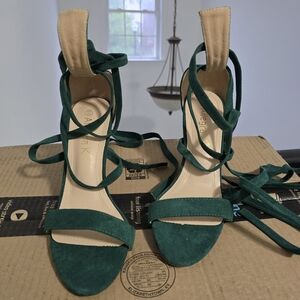 Allegra K Green Suede Lace-Up High Heel Sandals